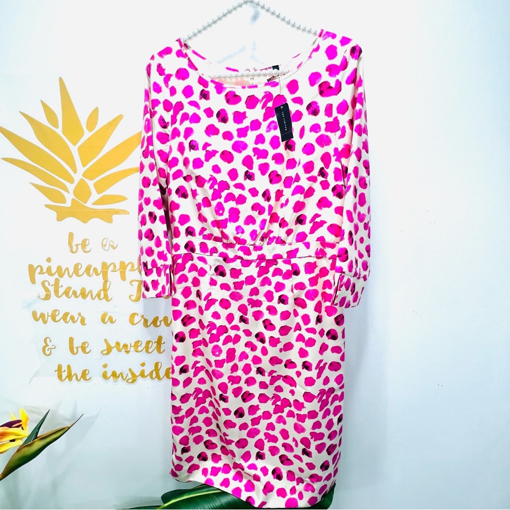 THE LIMITED Pink Off White Leopard Satin Sheath Dress 3/4 Sleeve Size 4 - Picture 7 of 14